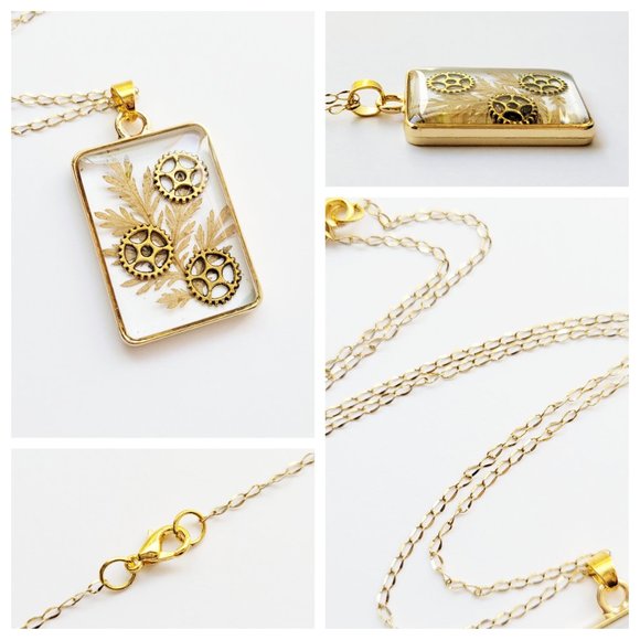 Beige and Gold Pendant Necklace Handmade Pressed Dried Leaves and Steampunk Gear - Picture 5 of 10